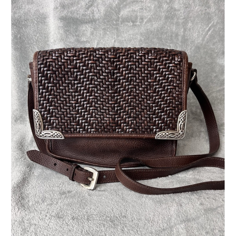 Brighton Dark Brown Woven Leather Crossbody Bag with Silver Accents